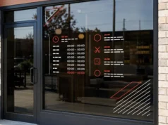 Custom red and white vinyl window lettering installed on a storefront