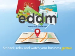 Every Door Direct Mail postcards displayed above a neighborhood delivery map