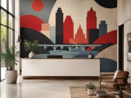 Custom Austin-inspired wall mural installed behind a modern office reception desk