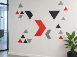Custom red black and gray geometric wall decals installed in a modern office