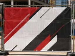 Custom mesh banner installed on an outdoor fence for business promotion