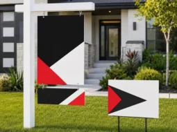 Custom real estate post sign, rider panel and directional yard sign at a home