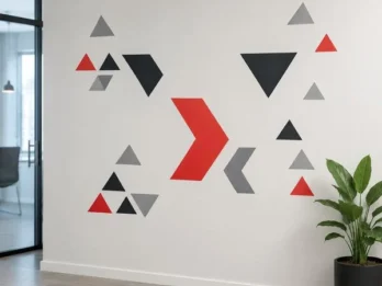 Custom red black and gray geometric wall decals installed in a modern office