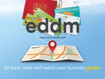 Every Door Direct Mail postcards displayed above a neighborhood delivery map