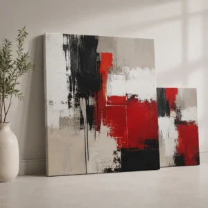 Custom gallery-wrapped canvas prints featuring red black and neutral abstract artwork