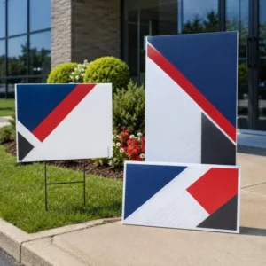 Custom corrugated plastic signs displayed outdoors with yard sign H-stake