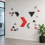 Custom red black and gray geometric wall decals installed in a modern office