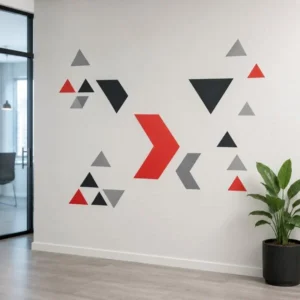 Custom red black and gray geometric wall decals installed in a modern office