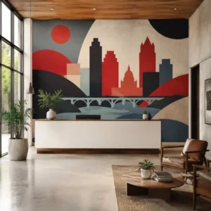 Custom Austin-inspired wall mural installed behind a modern office reception desk