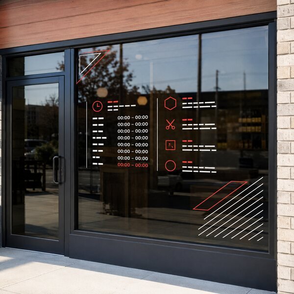 Custom red and white vinyl window lettering installed on a storefront