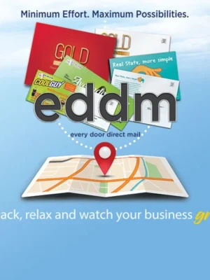 Every Door Direct Mail postcards displayed above a neighborhood delivery map
