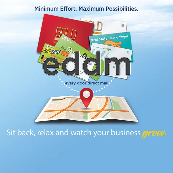 Every Door Direct Mail postcards displayed above a neighborhood delivery map