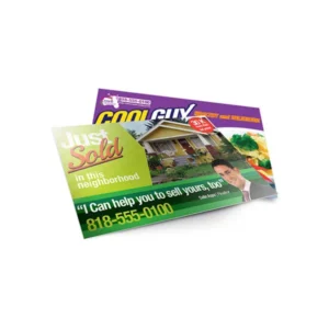 Custom printed postcards displayed for direct-mail marketing