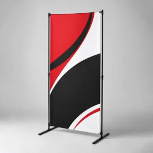 Premium polyester fabric banner displayed on a freestanding black frame