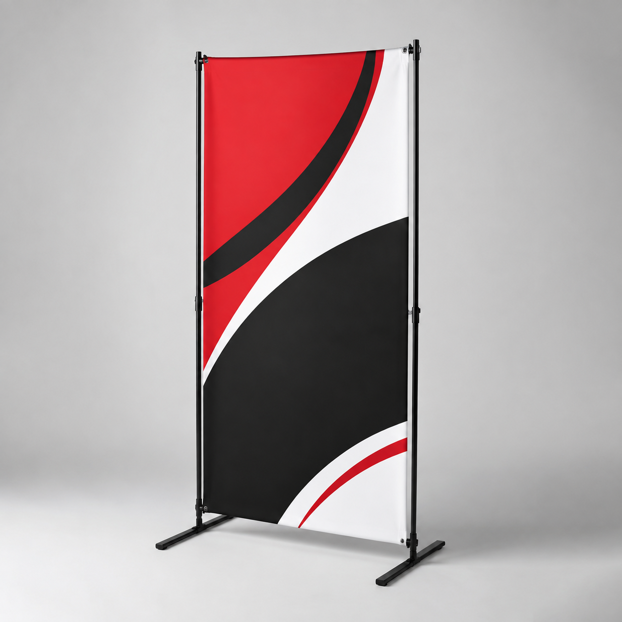 Premium polyester fabric banner displayed on a freestanding black frame