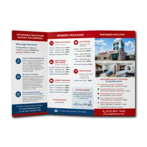 Custom tri-fold brochures displayed for business marketing