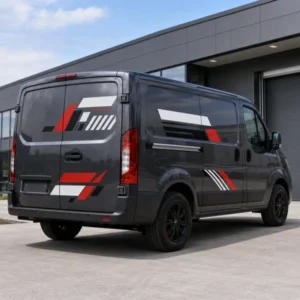 Separate red white and black vehicle spot graphics installed on a dark gray commercial van