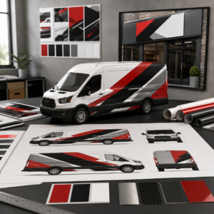 Vehicle wrap design presentation with commercial van mockup and elevation drawings