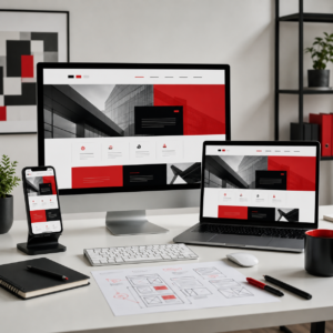 Responsive website design displayed across desktop laptop and mobile devices