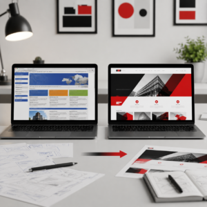 Before and after business website redesign displayed on two laptop screens