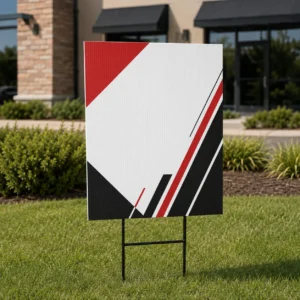 Custom full-color yard signs installed outdoors with H-stakes