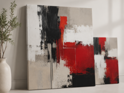 Custom gallery-wrapped canvas prints featuring red black and neutral abstract artwork