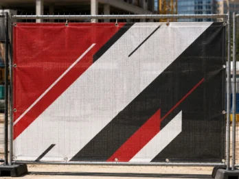 Custom mesh banner installed on an outdoor fence for business promotion