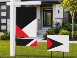 Custom real estate post sign, rider panel and directional yard sign at a home