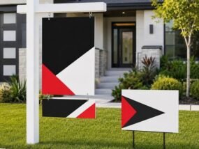 Custom real estate post sign, rider panel and directional yard sign at a home