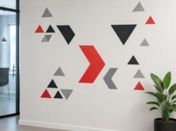 Custom red black and gray geometric wall decals installed in a modern office