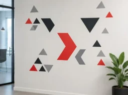 Custom red black and gray geometric wall decals installed in a modern office