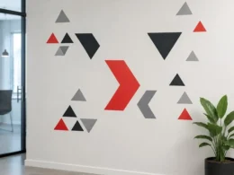 Custom red black and gray geometric wall decals installed in a modern office