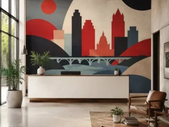 Custom Austin-inspired wall mural installed behind a modern office reception desk