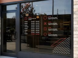 Custom red and white vinyl window lettering installed on a storefront