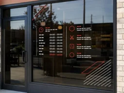 Custom red and white vinyl window lettering installed on a storefront