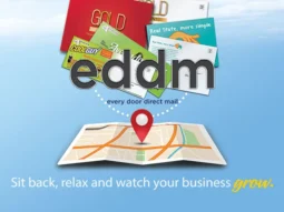 Every Door Direct Mail postcards displayed above a neighborhood delivery map