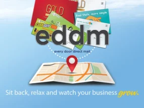 Every Door Direct Mail postcards displayed above a neighborhood delivery map