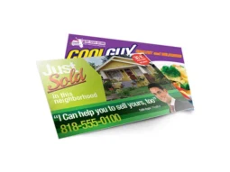 Custom printed postcards displayed for direct-mail marketing
