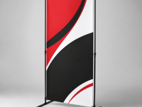 premium-fabric-banners Premium polyester fabric banner displayed on a freestanding black frame