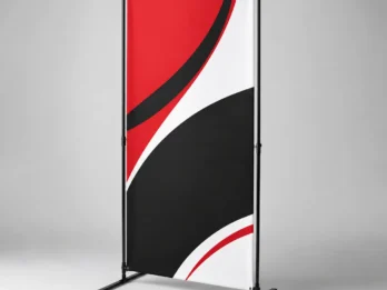 Premium polyester fabric banner displayed on a freestanding black frame