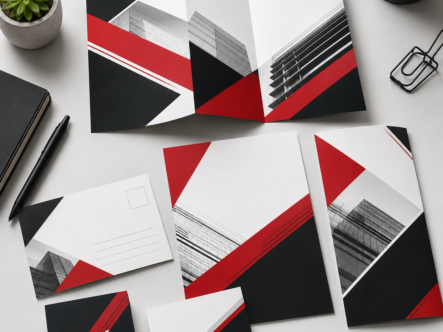 Coordinated print marketing materials including brochure postcard and business card