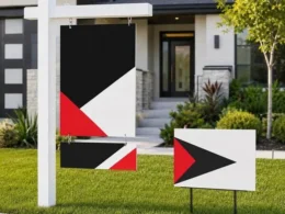 Custom real estate post sign, rider panel and directional yard sign at a home