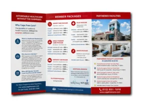 Custom tri-fold brochures displayed for business marketing
