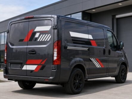 Separate red white and black vehicle spot graphics installed on a dark gray commercial van