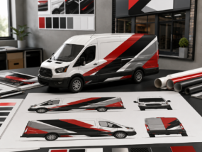 Vehicle wrap design presentation with commercial van mockup and elevation drawings