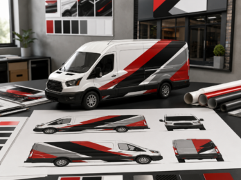 Vehicle wrap design presentation with commercial van mockup and elevation drawings