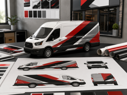 Vehicle wrap design presentation with commercial van mockup and elevation drawings