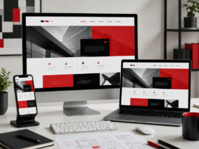 website-design-development Responsive website design displayed across desktop laptop and mobile devices