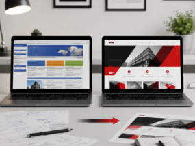 website-redesign-services Before and after business website redesign displayed on two laptop screens