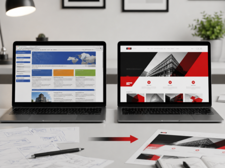 Before and after business website redesign displayed on two laptop screens